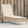 Sun Lounger with Wheels and Cushion Beige Poly Rattan