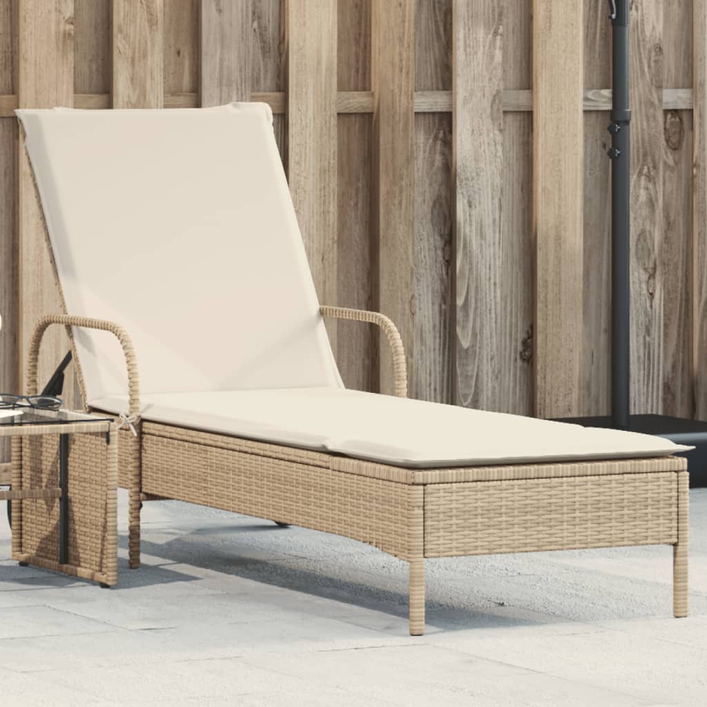 Sun Lounger with Wheels and Cushion Beige Poly Rattan