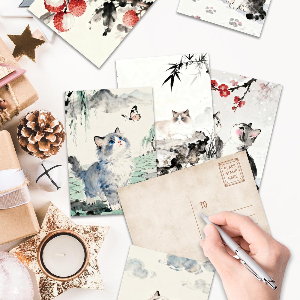 32pcs Ink Wash Cat Postcards, Christmas Gifts, Living Room Decor Cards, Student Gifts, Cheap Bedroom Decoration,Thick Cardstock,
