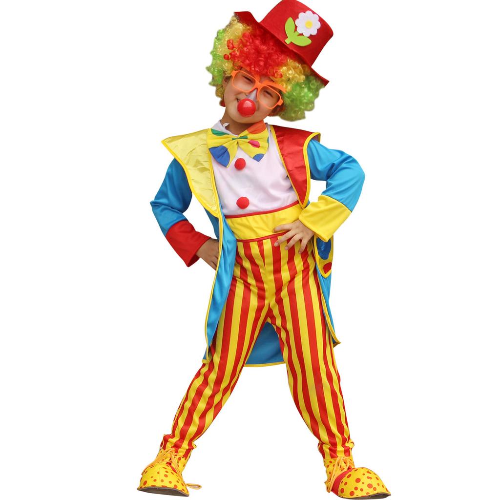 Kids Halloween Clown Costume Striped Jumpsuit Coat Top Hat Bowtie Carnival Performance Outfit