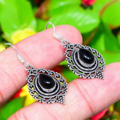 Φυσικός Μαύρος Όνυχας Γεμώδης Λίθος Χειροποίητο Σκουλαρίκι από Ασήμι 925 Στερλίνας 1.62" t7s70