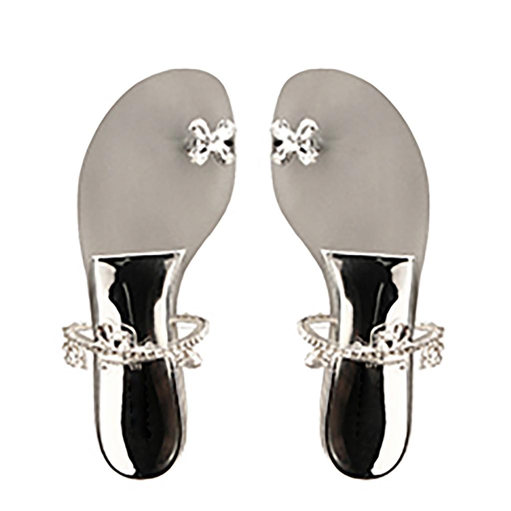 2025 summer new women's pearl round head flat bottom rhinestone lace one word with comfortable two wear cool slippers