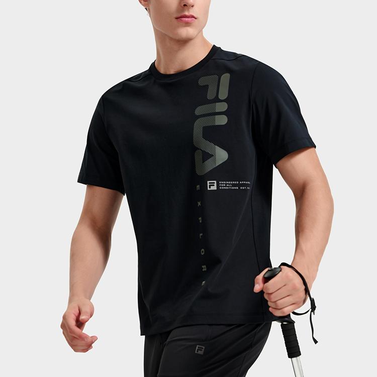 FILA Athletics American Vintage Letter Logo Print Crew Neck Pullover Sports Short Sleeve T-Shirt Men T-Shirts Deep-Black A11M317103F-BK