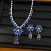 Vintage Zircon Flower Water Drop Stud Earrings Necklace Two Piece Set for Women Luxury Retro Jewelry Set Fashion Accessory Gift