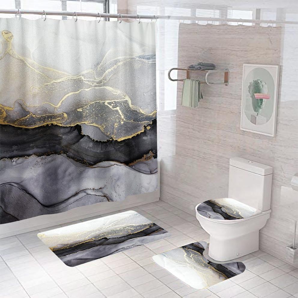 Bathroom Shower Curtain Four-piece Digital Printing Marble Waterproof Shower Curtain Toilet Partition Curtain Bath Mat