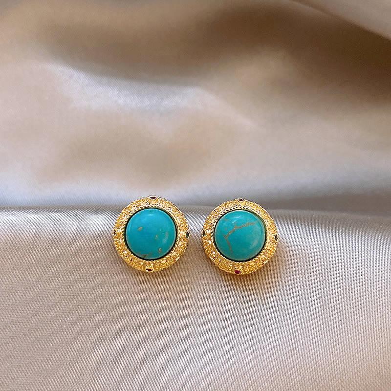 

Серьги-пусеты с цирконом и бирюзой, модные серьги в стиле инс, серьги класса люкс высокого класса