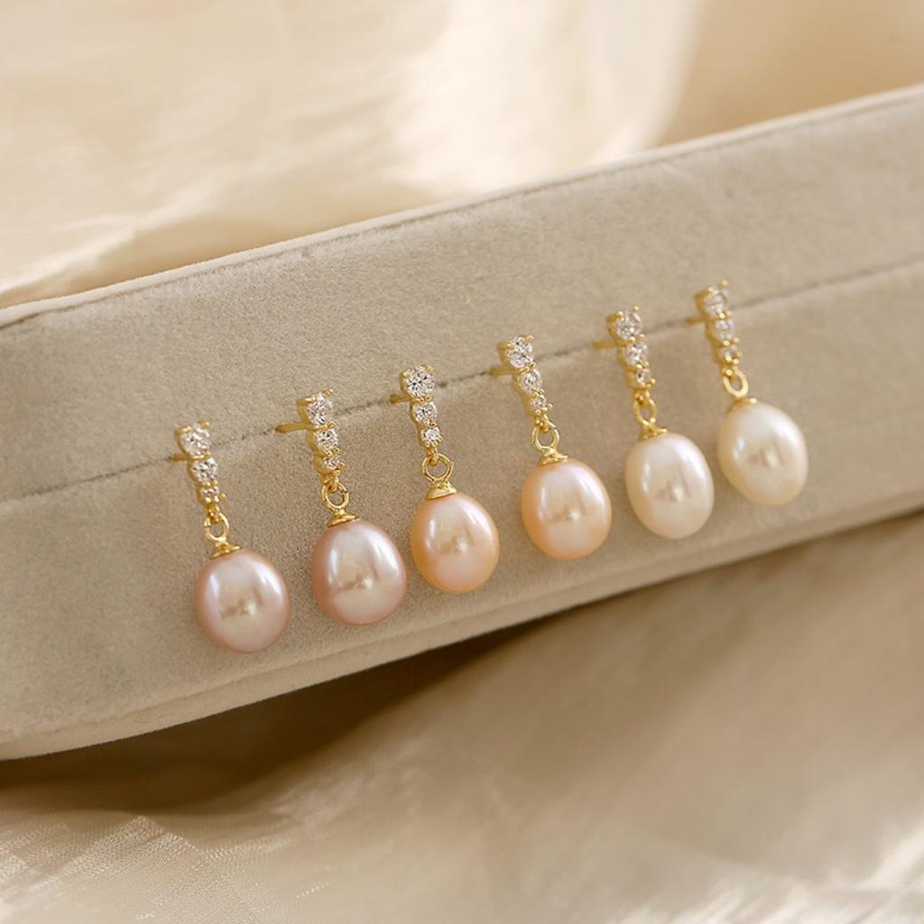 Natural freshwater real pearl stud earrings femininity Korean Tremella retro water drop versatile classic wind earrings for mother