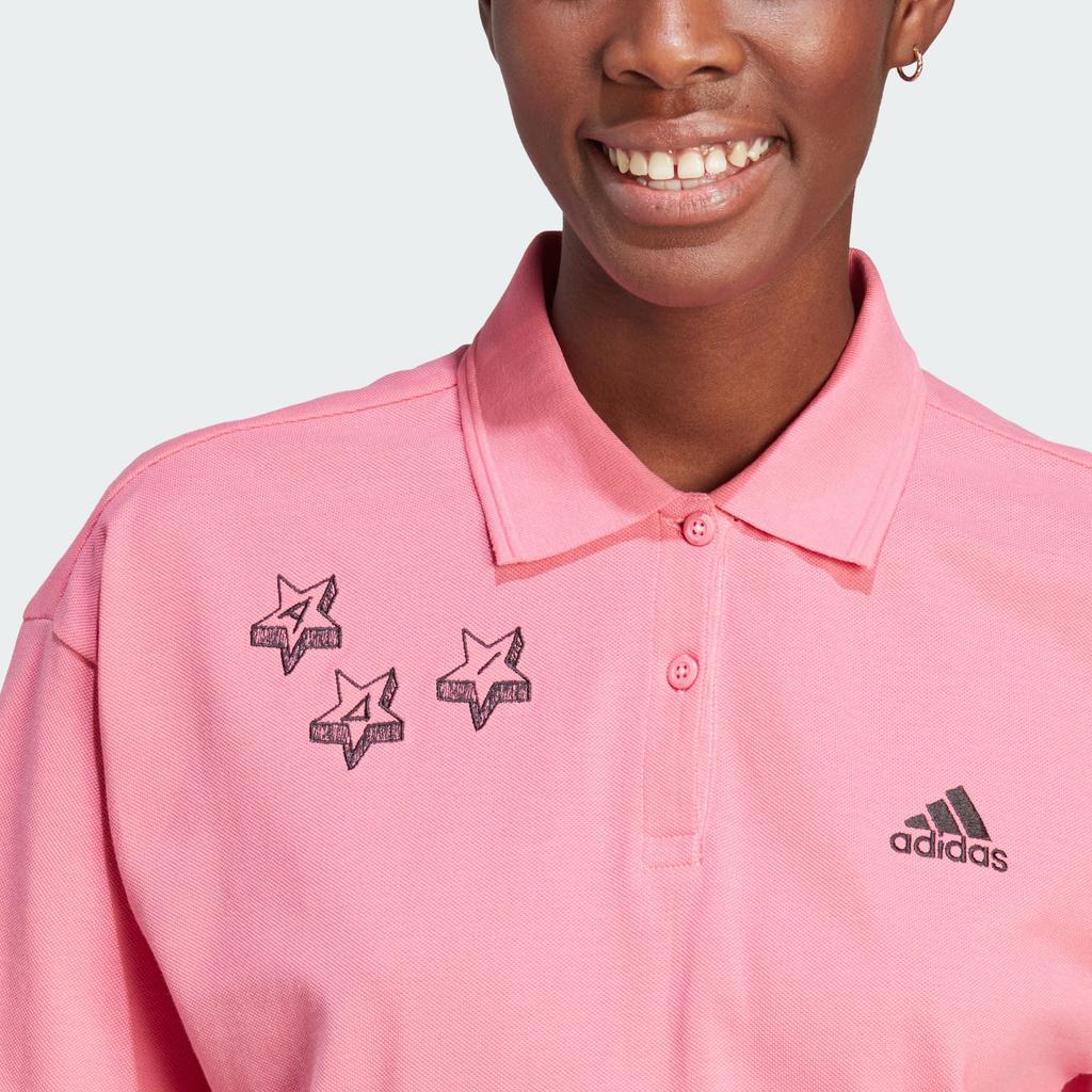 Adidas Scribble Graffiti Pattern Loose Fit Casual Short Sleeve Polo Shirt Women Pink Black IJ8745