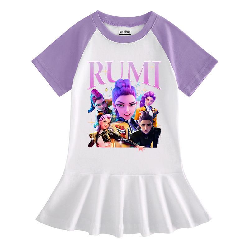 Girls Kpop Rumi Mira Zoey Hunters Print Raglan Sleeves Cotton Dress