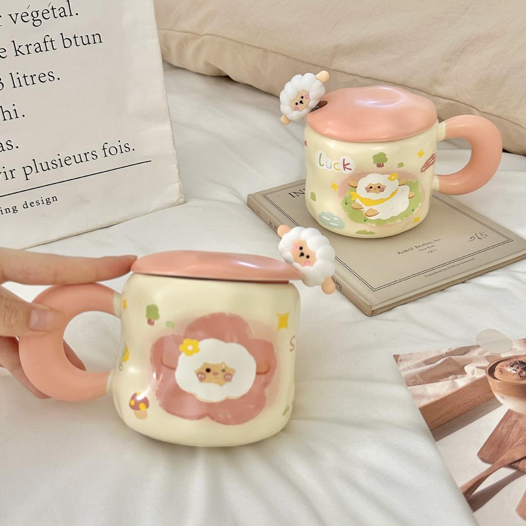 Cute Cartoon Lamb Ceramic Cup Birthday Gift Girl Mug with Lid Couple Girl High value Water Cup