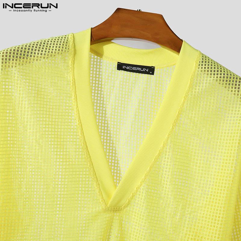 INCERUN Men Hollow Out Short Sleeve Tops Deep V Neck Beach Party T-shirts