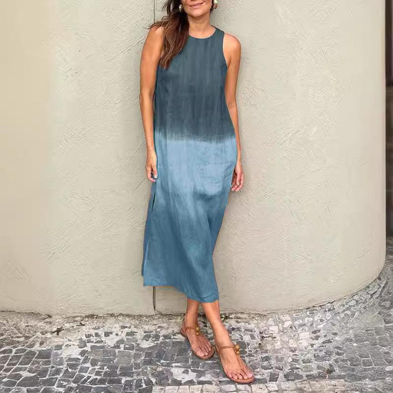 Women s summer women s casual cotton and linen sleeveless slit gradual change dress XS