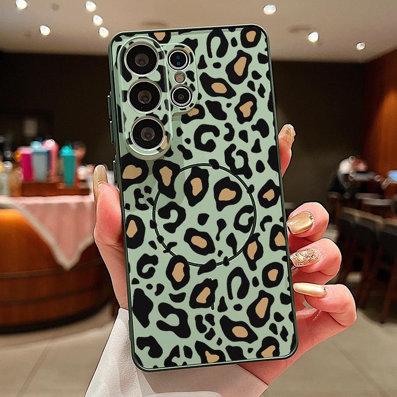 Magnetic For Magsafe Case For Samsung Galaxy S26 Ultra S25 Edge S24 Plus S23 FE S22 A54 A55 A56 5G Yellow Leopard Print Matte Cover