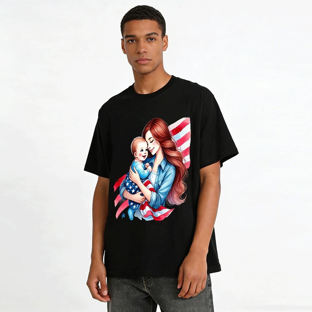 USA Flag Mom And Baby Graphic Adult T-Shirt Pure cotton T-shirt