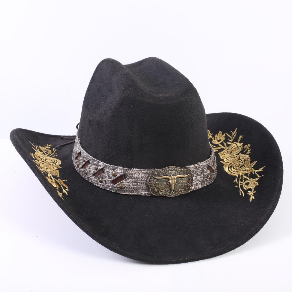 Popular European and American Classic Suede Western Cowboy Hat Men's and Women's Big Brim Embroidered Outdoor Sun Hat