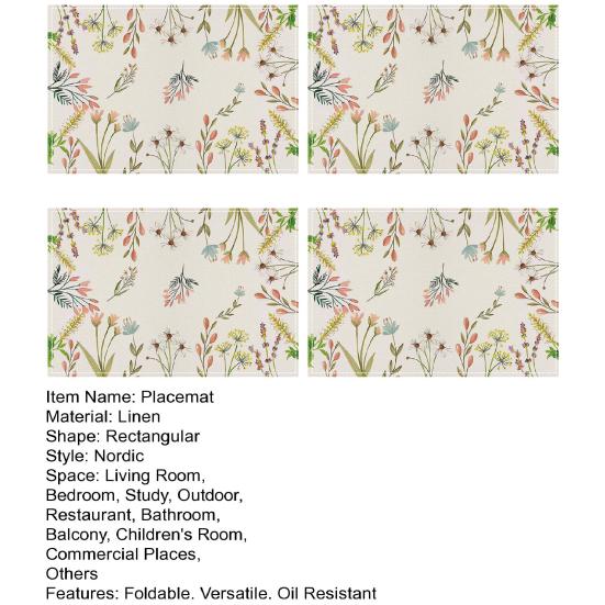 4Pcs Floral Linen Placemats 30x45cm Washable Reusable Heat-Resistant Table Mats with Plant Flower