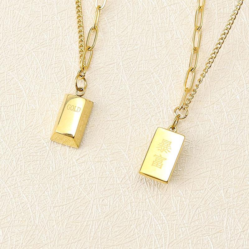 Gold Small Gold Bar Titanium Steel Necklace Women'S Light Luxury Stainless Steel Rich Small Gold Brick Necklace + Bracelet Set