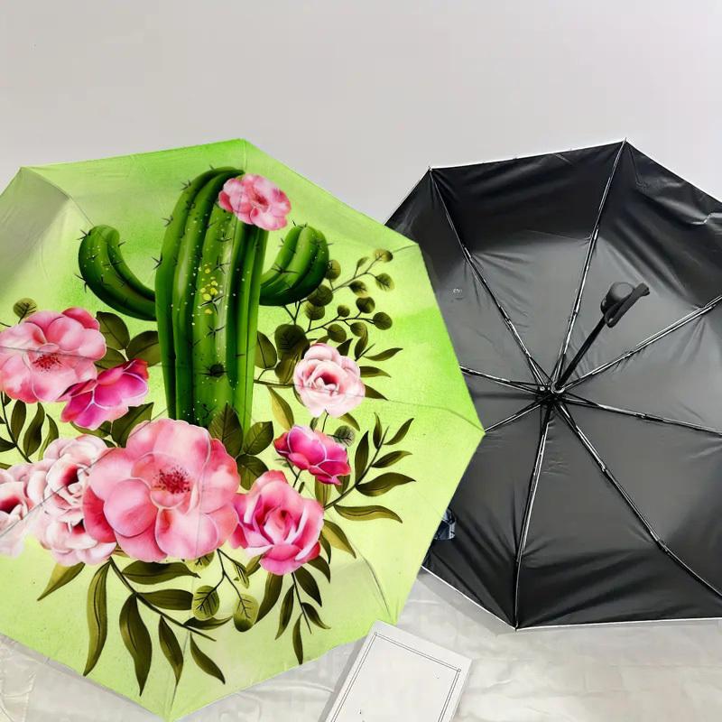1pc Cactus Flowers Automatic Folding Umbrella, Heavy Duty 8 Rib Iron Frame,  Suitable for Travel, Daily Use, Birthday, Decor Gift M0104049
