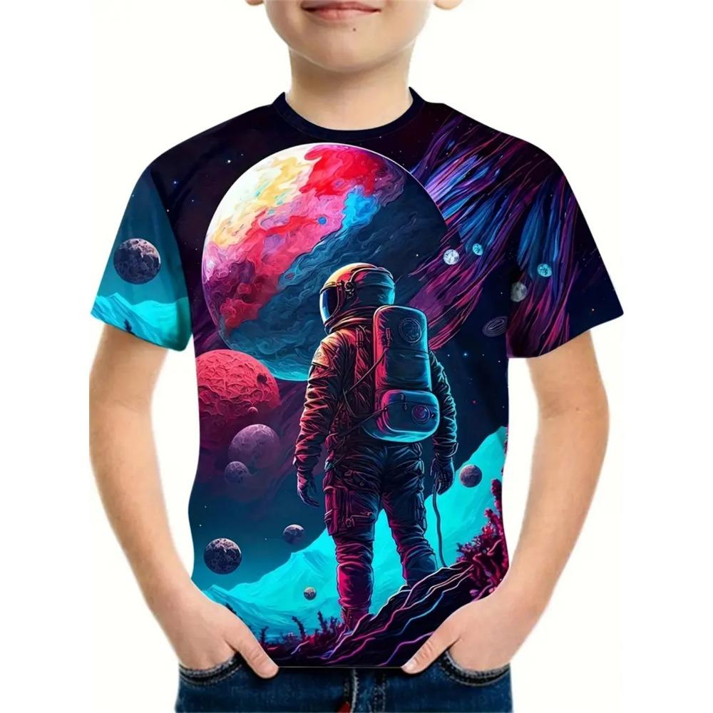 Fashionable Space Cartoon Pattern 3D Printed Boy Round Neck Short Sleeved T-shirt
