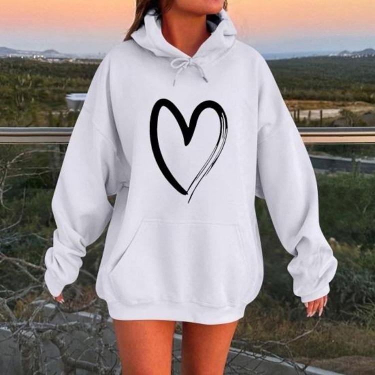 Oversized Fleece Lined Sweatshirt Women Long Sleeve Hoodies Fall Pullover Top with Pocket Heart Print Drawstring