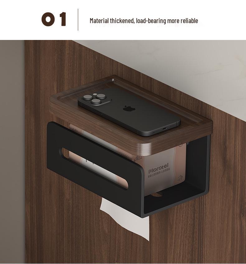 Punch-Free Black Walnut Paper Towel Holder & Wall-Mounted Tissue Dispenser with Mobile Phone Rack