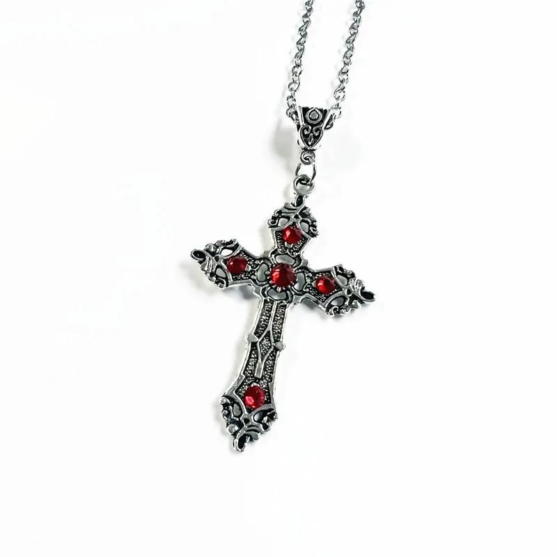 Gothic Pink Cross Necklace Y2K Purple Zircon Punk Pendant Necklace Grunge Heart Cross Necklace for Women Jewelry Accessories