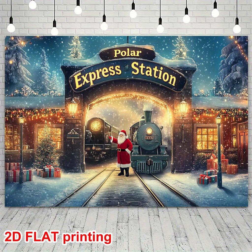 1 Vintage Polar Express Christmas station decoration - Santa Claus Arrival background cloth, snowflake pattern, polyester