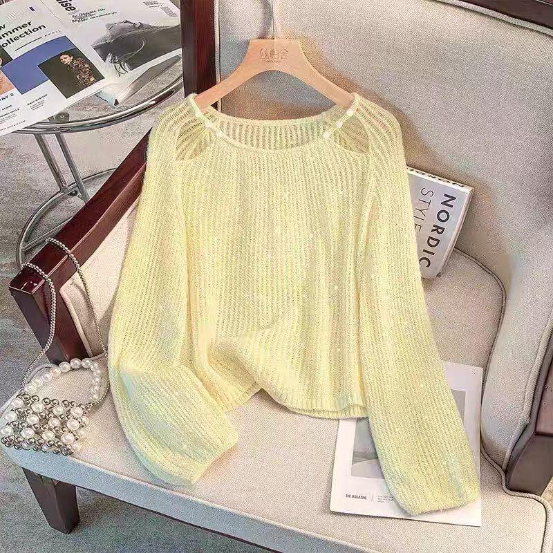 Sweet Openwork Round Neck Beaded Sunscreen Loose Knit Top for Women