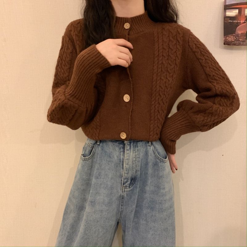 Cardigan Female Spring and Autumn 2023 Bubble Long Sleeve Fried Dough Twists Sweater Cardigan Loose Top Short Knit Coat Women