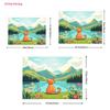 2D Orange Cat Watching Mountain Lake Tapestry Cartoon Nature Wall Hanging