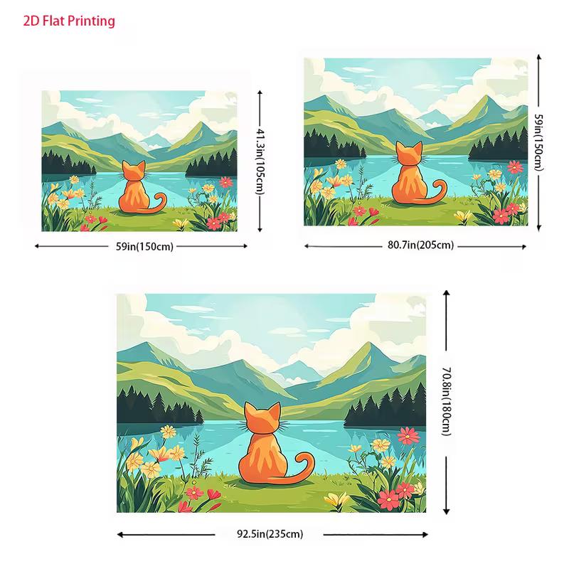 2D Orange Cat Watching Mountain Lake Tapestry Cartoon Nature Wall Hanging