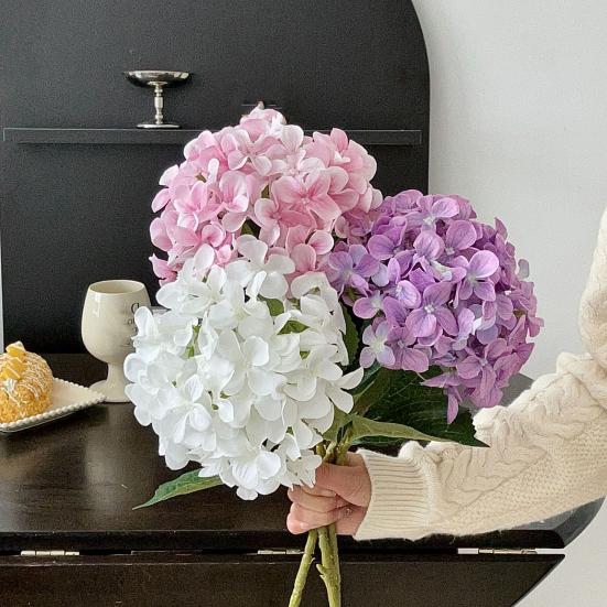 4 Stück künstliche Hortensienblüten groß lebensecht Kunstseide Hortensien mit Stiel Volle künstliche Blumenanordnung für Tischmittelstück Hochzeitsparty Zuhause