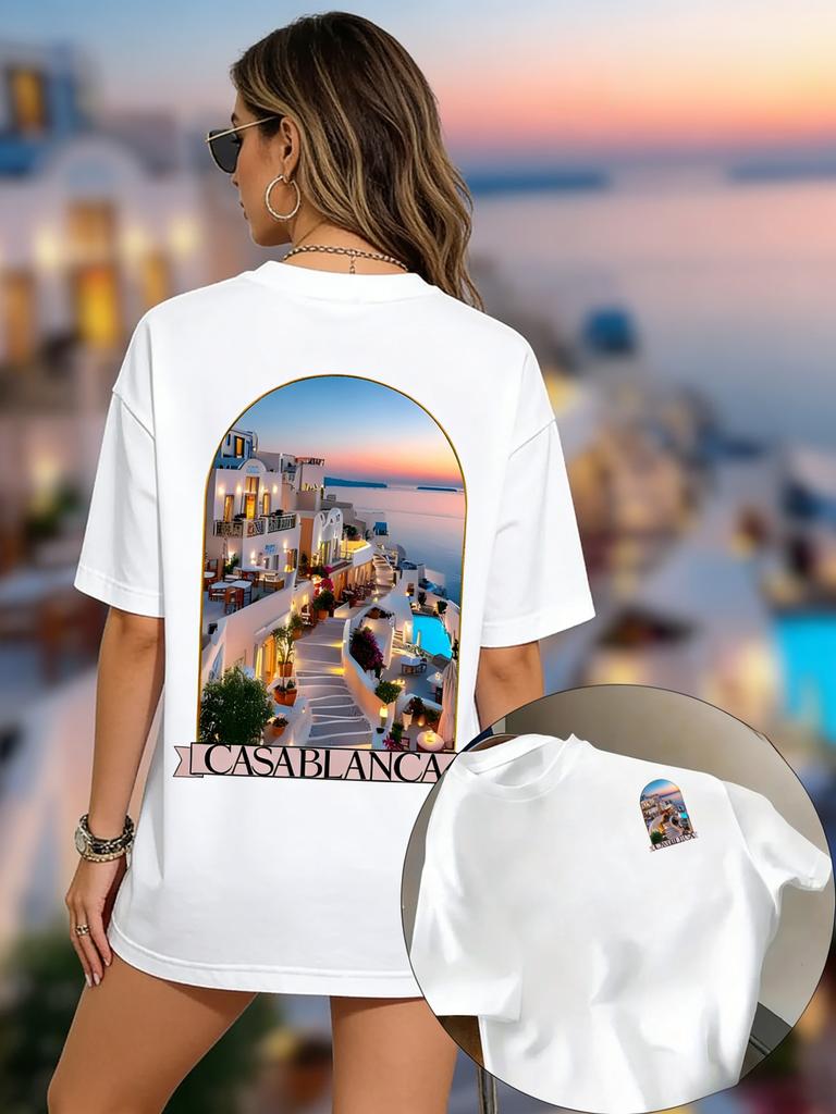 Neues Trendiges Sommer Damen T-Shirt mit Muster von Griechischen Inselküstenlandschaften Bequem Geeignet für den täglichen Gebrauch