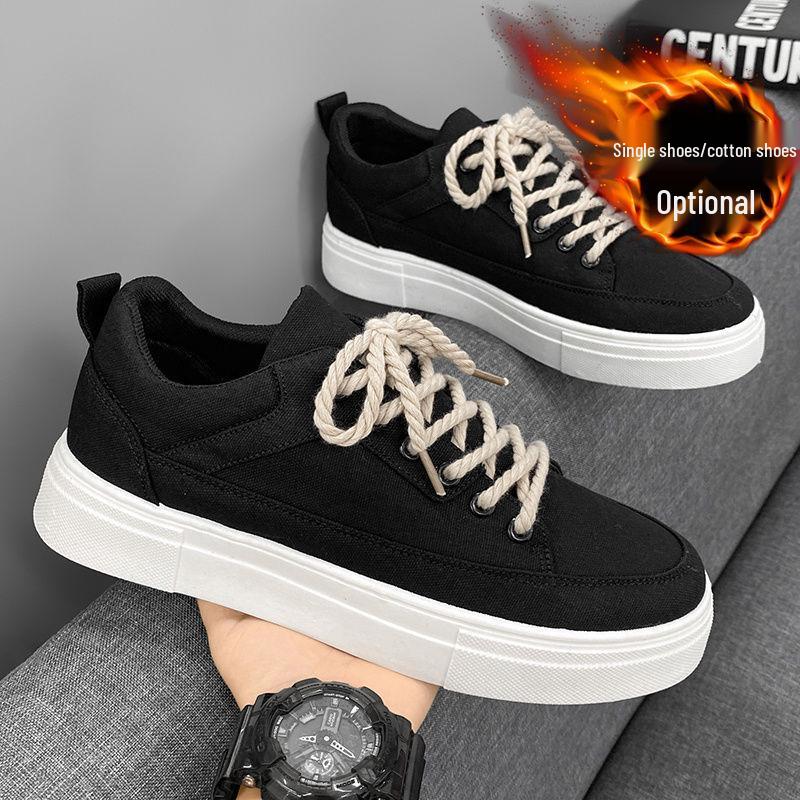 

Men s Korean Style Black Canvas Work Shoes - Velvet Lined for Warmth 40