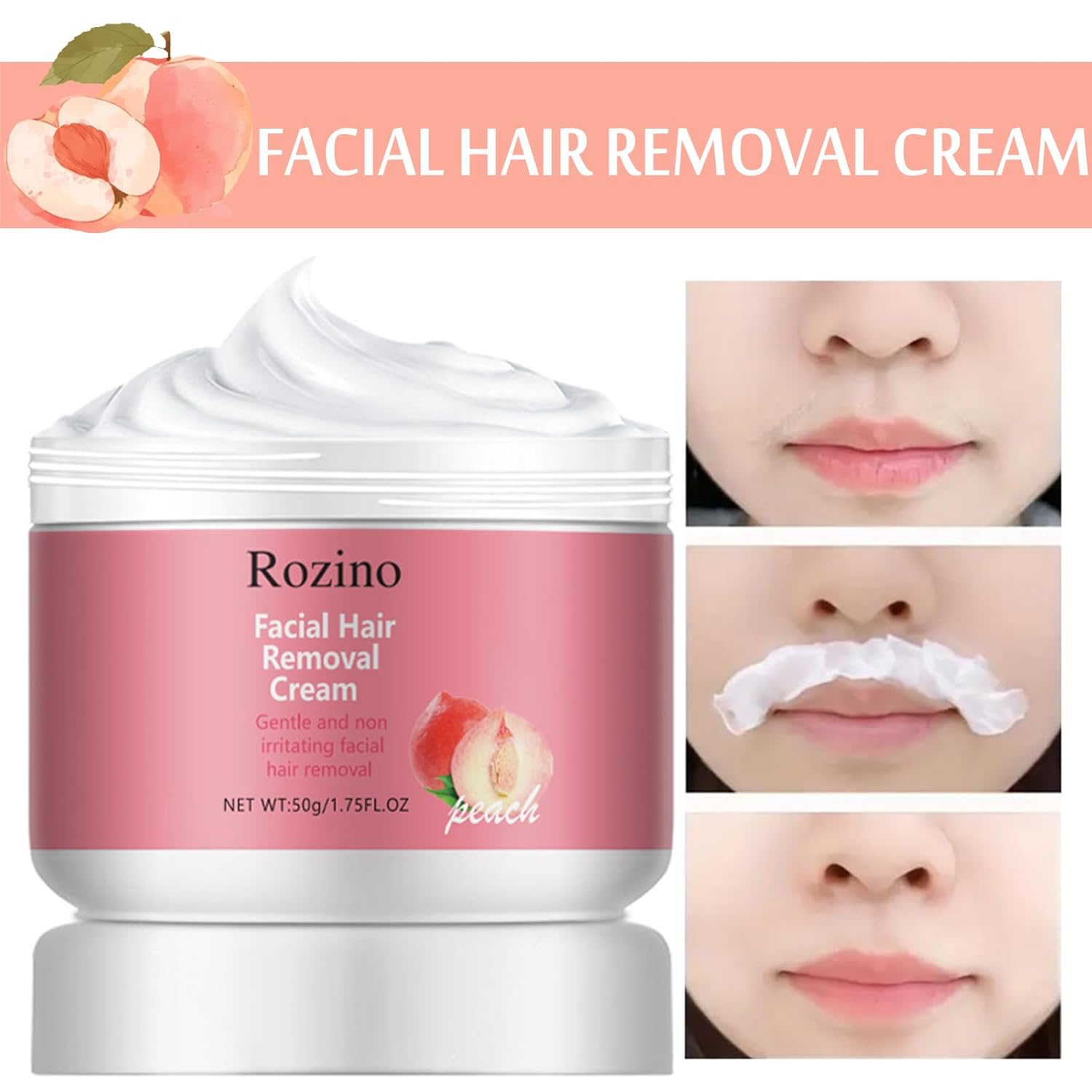 Крем для депиляции лица, Персиковый крем для удаления волос на лице для верхней губы и подбородка для женщин, Женский удалитель волос на лице для чувствительной кожи, Мягкий и