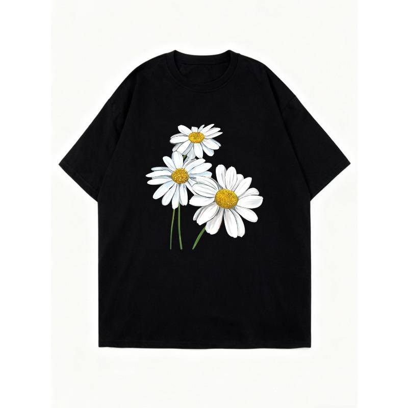 Black Oversized T Shirt With Daisy Flower Print For Casual Wear
