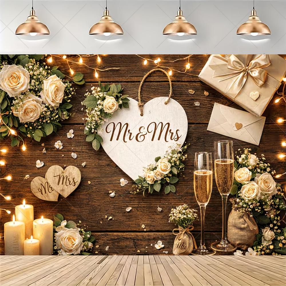 Elegant floral garland, Mr & Mrs theme, gold background, ribbon, wedding party decoration, backdrop, photography supplies2095