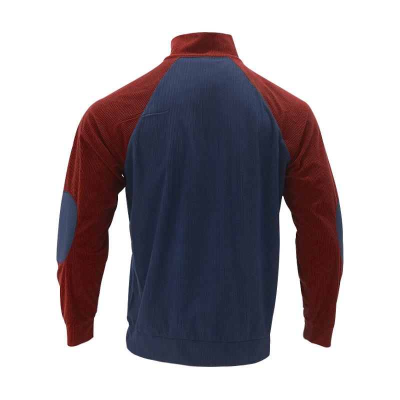 Men's Drop-Shoulder Sleeve Casual Printed Stand-Up Collar Loose-Fit Corduroy Patchwork Sports Sweatshirt