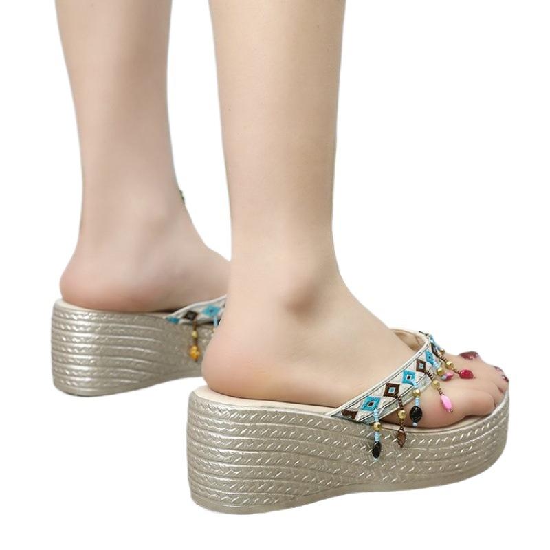 Summer casual women's slippers ethnic slope heel flip-flops fringed decorative elegant beach shoes