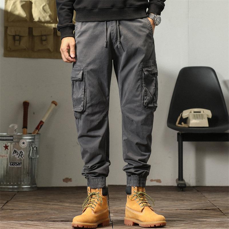New Autumn Style Men's Casual Simple Work Pants Multi-pocket Men's Straight-leg Medium-high Waist Tying Trousers
