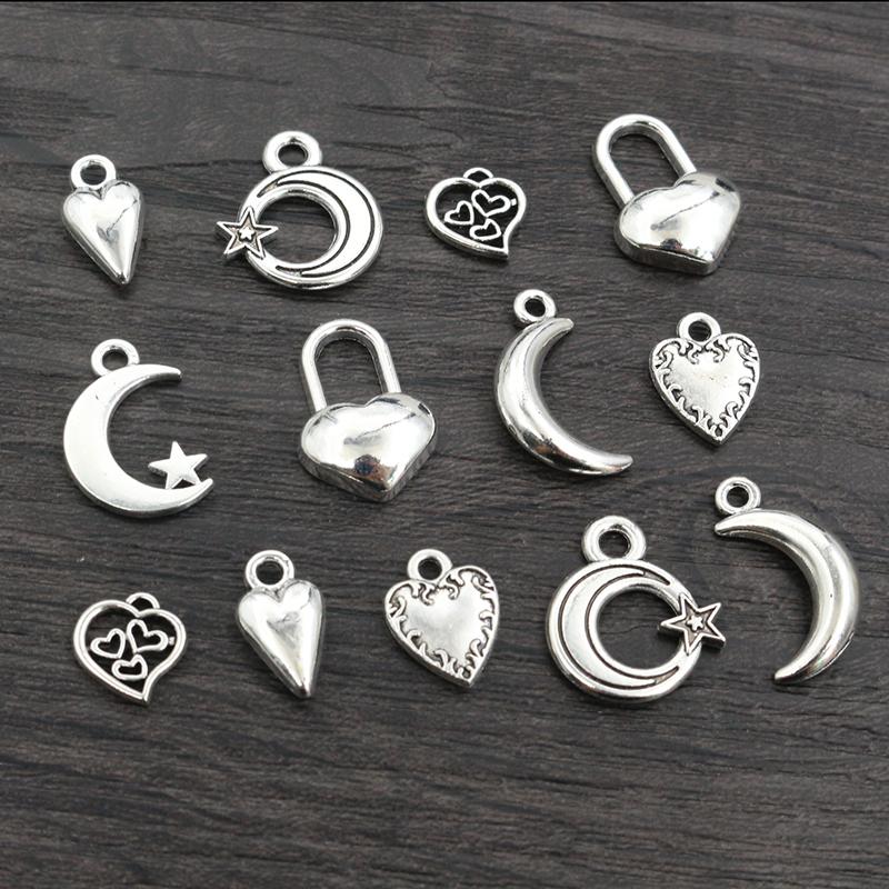 40pcs Antique Silver Plated Moon Heart Small Charms Pendant DIY Handmade Jewelry Findings for Bracelet Necklace Accessories