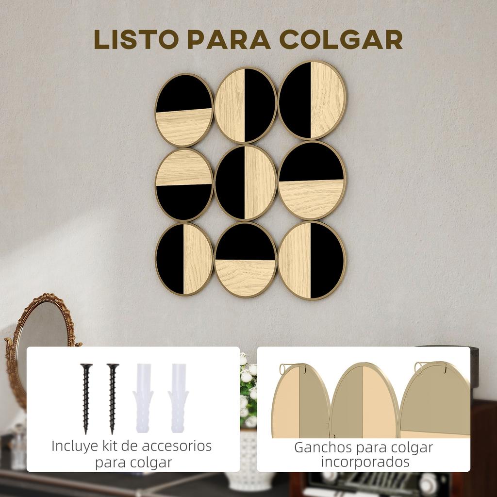 Decorative Geometric Wall Art Modern 3D Adornment 60x60 cm with Black Plastic Mirror and Natural Wood