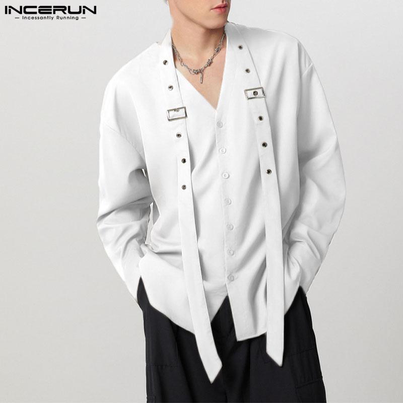 

INCERUN Men V Neck Long Sleeve Patchwork Button Up Casual Loose Shirts L