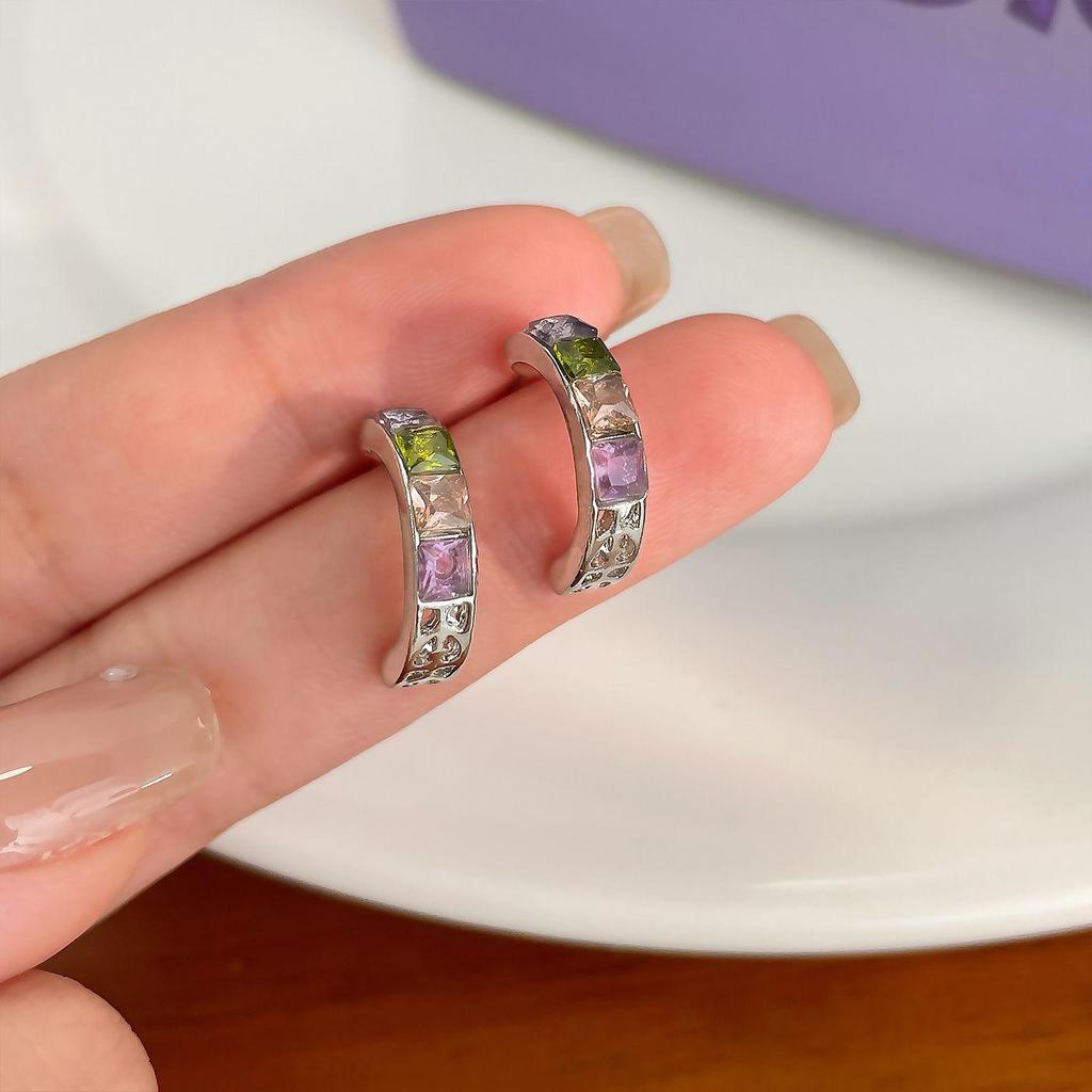 Silver Needle Zircon C-Shaped Hoops: Stylish Women's Square Stud Earrings