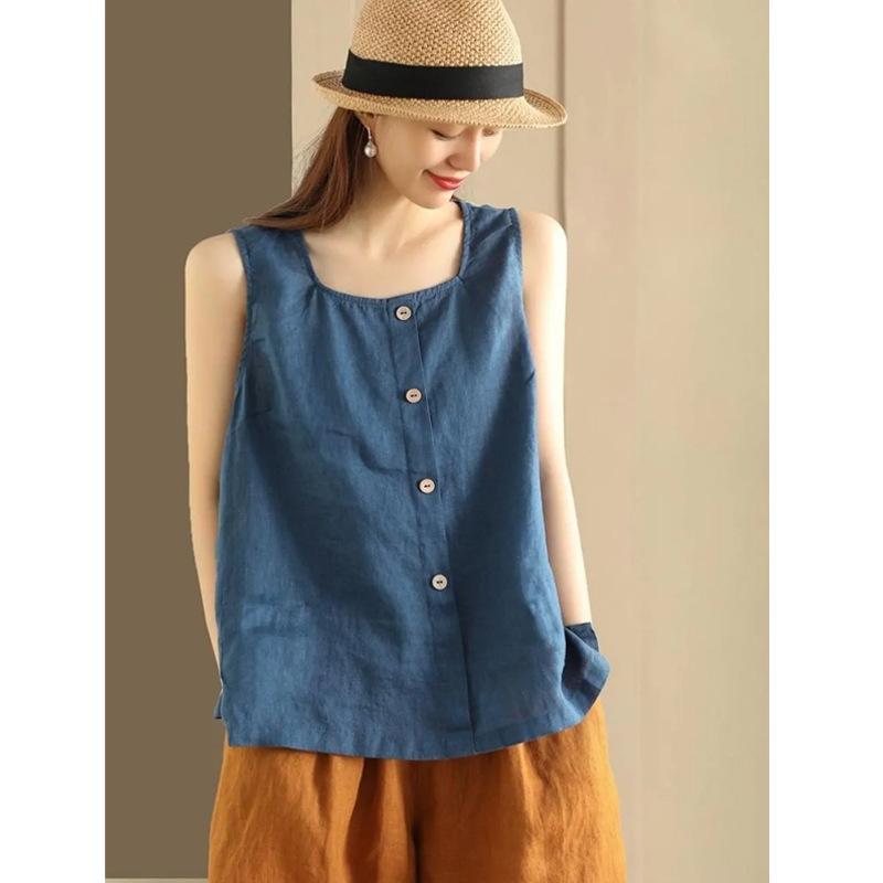 Women's Summer Cotton-Linen Sleeveless T-Shirt: Simple Button-Down Loose-Fit Tank Top, Solid Color, Breathable, Pullover Top