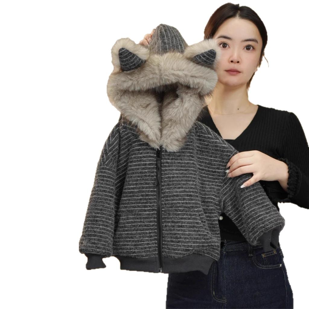 Boys Warm Fleece Lined Hooded Jacket with Cat Ears and Stripes for Autumn Winter