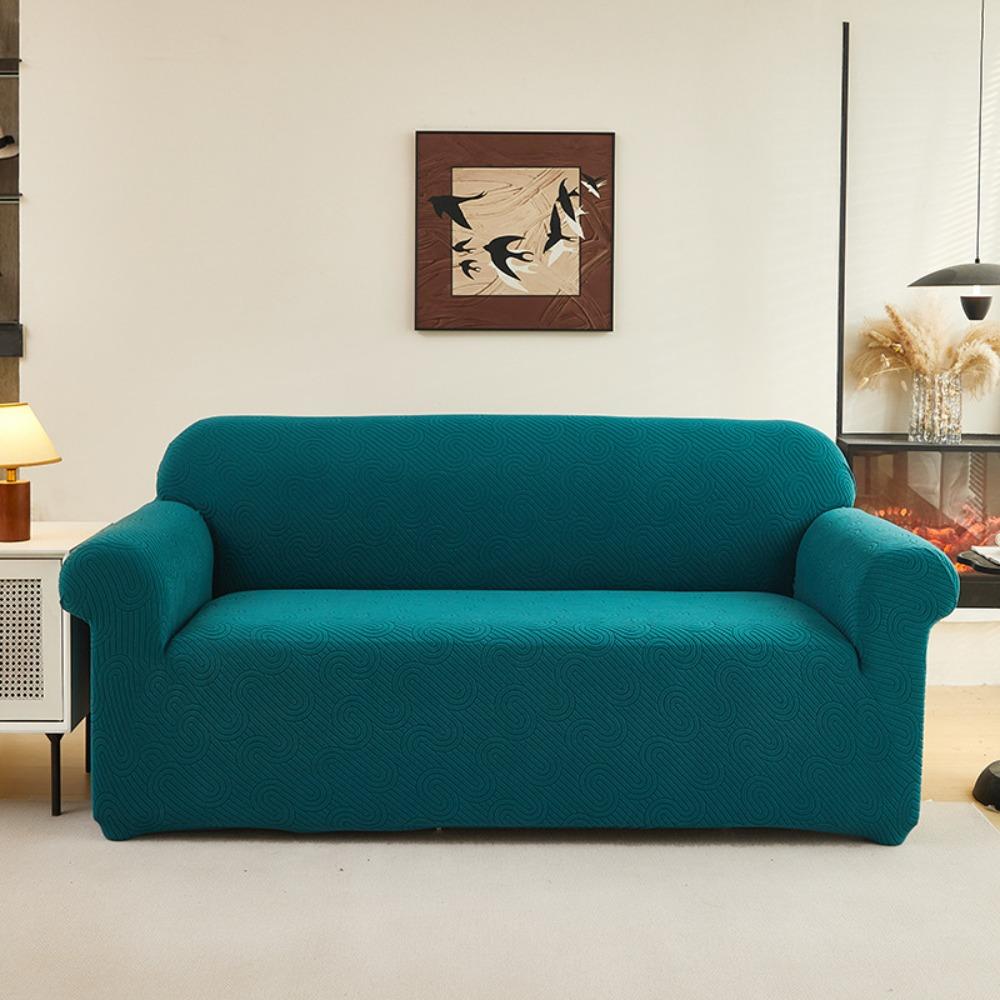 Full Cover Stretch Jacquard Sofa Cover Wavy Design Universal Pure Color Sofa Protector