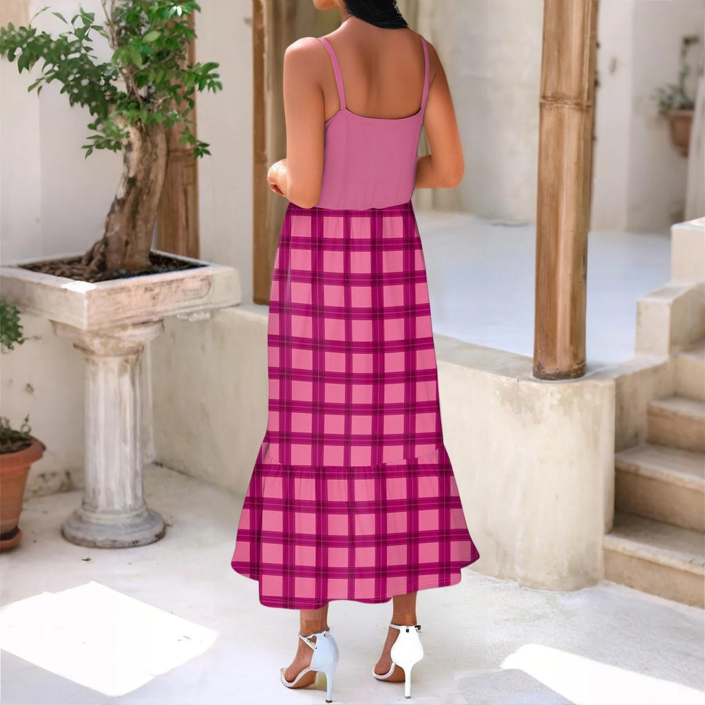 Women's Long Beach Casual Elegant Spaghetti Strap Maxi Dress Plaid Print Low-key Flowing Bohemian Dress