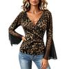 Women's Leopard Print Long Sleeve V-Neck Pullover Top for Casual Everyday Outfits