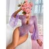 Seductive Transparent Jumpsuit With Flare Sleeves And Lace Pajamas Deep V Hollow Out Erotic Underwear